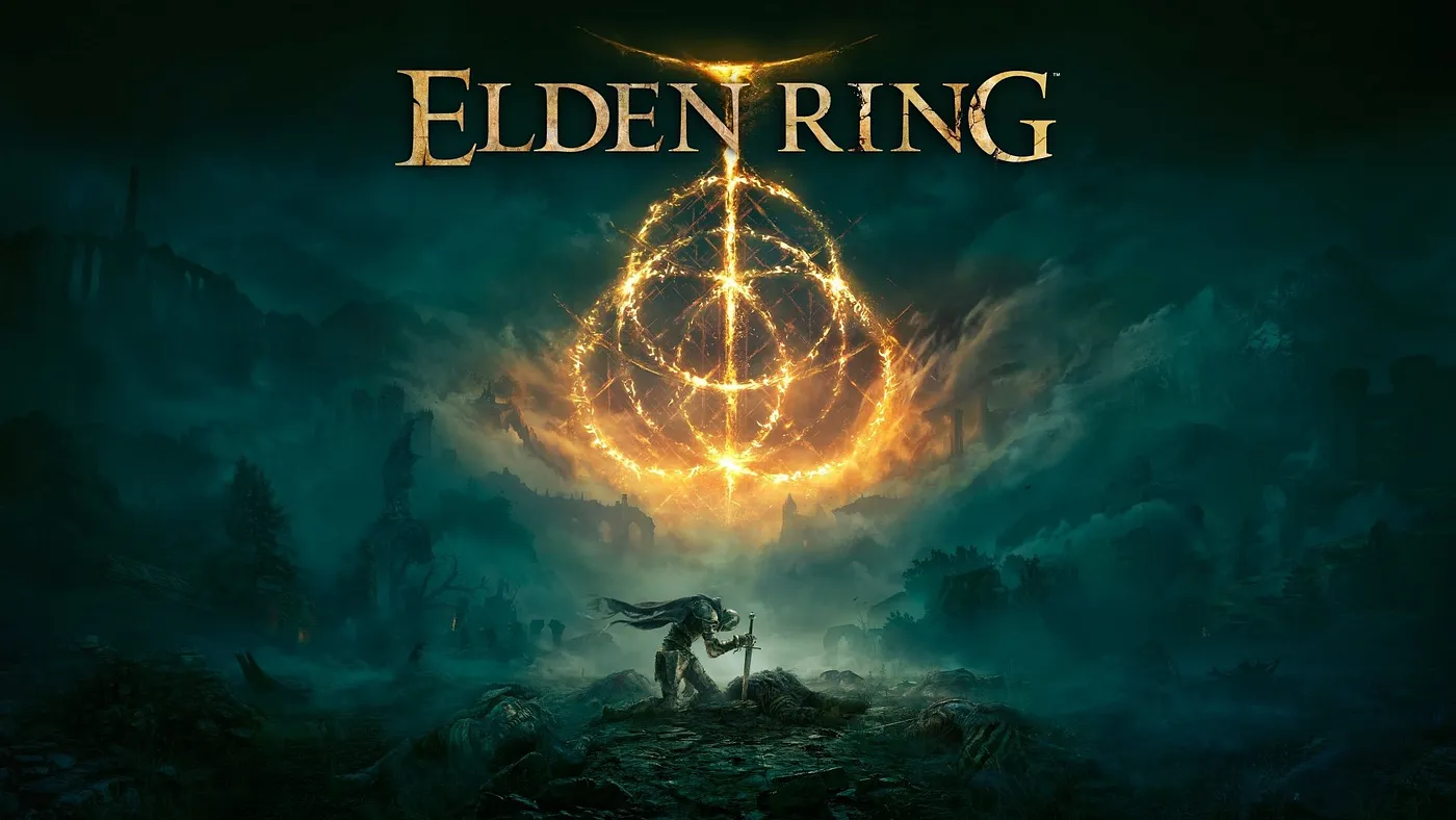 The Elden Ring original artwork featuring three grand golden rings which overlap each other to form a rune symbol
